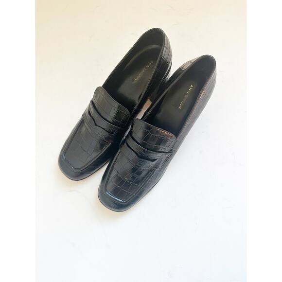 NWOB Ann Taylor Croc Embossed Leather Block Heel Loafer Pumps Black 7.5 - Picture 3 of 6
